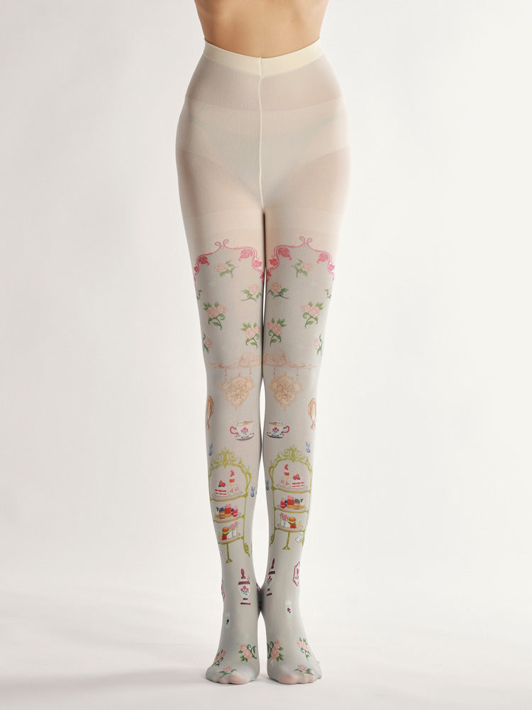 Vintage Cake Pattern Tights with high elasticity and compression,shaping fit and ideal for weddings, parties, ethnic outfits, and street fashion