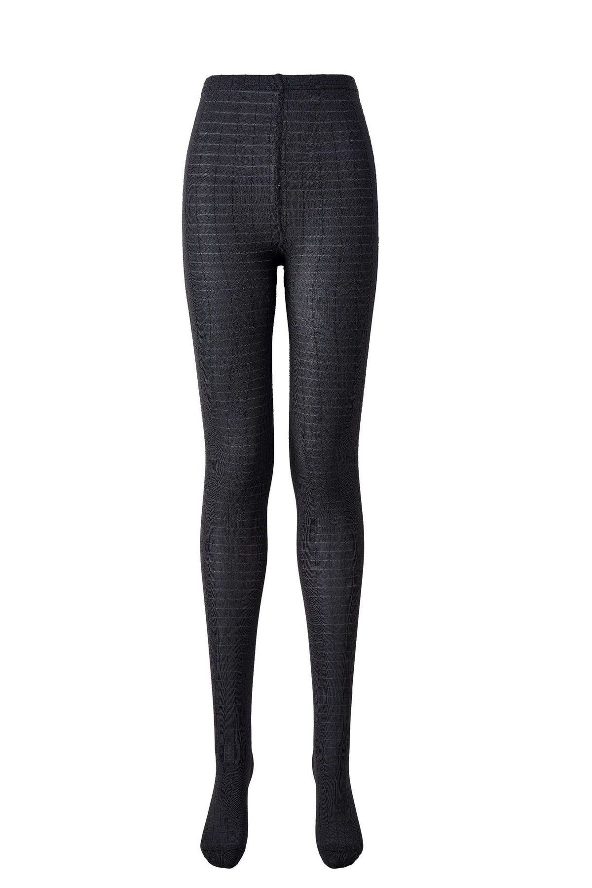 Women's 3D plaid textured tights in black, flat lay front view