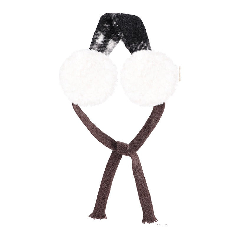 Black tartan earmuffs with white fluffy muffs and brown ties