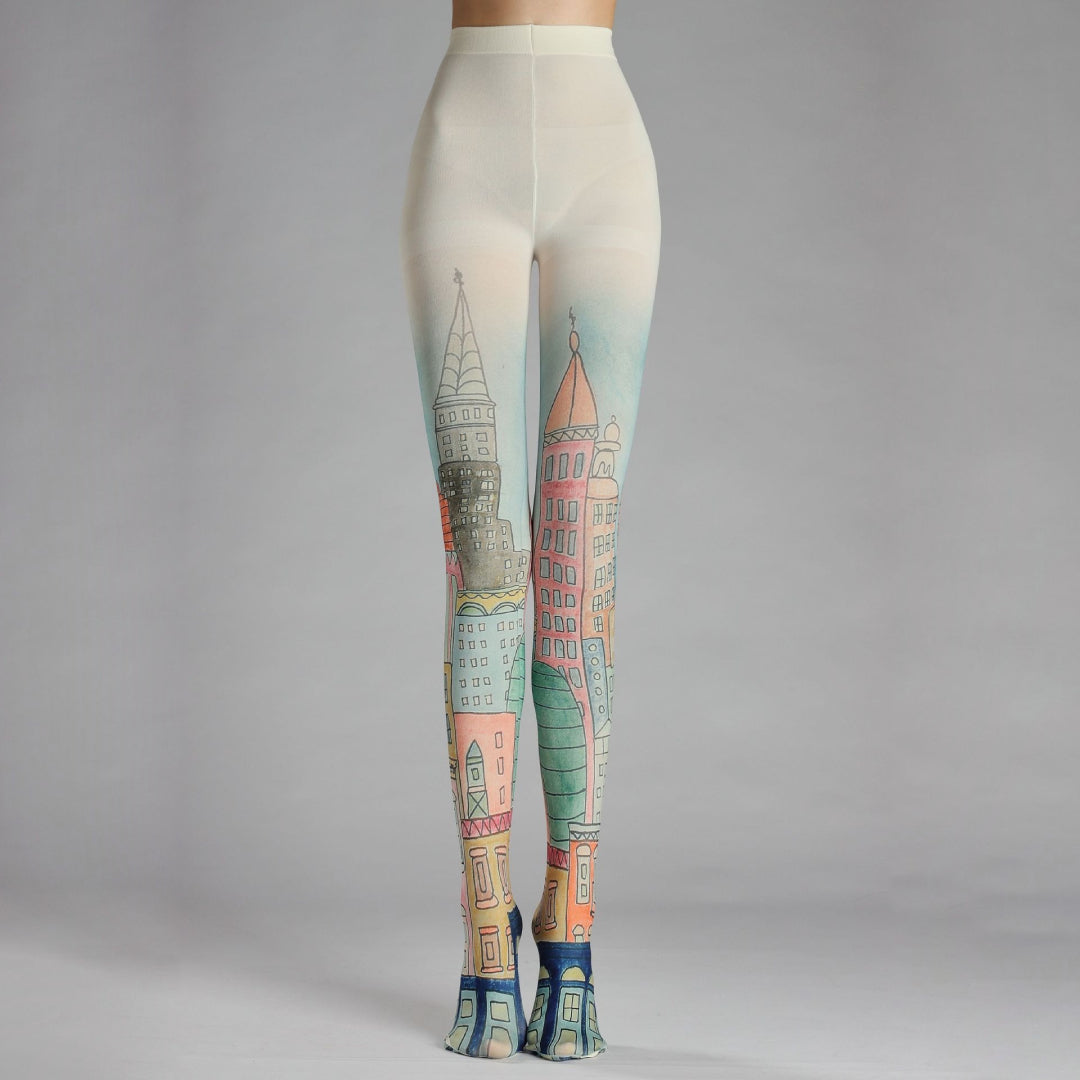 Hand-Drawn Romantic City Houses Tights with high elasticity and shaping fit, suitable for events, cosplay, street style, and gifting girls at Christmas
