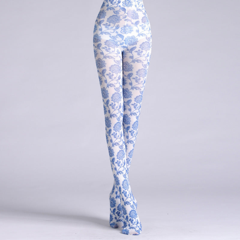 Blue and White Porcelain Tights with high elasticity and compression,shaping fit and ideal for weddings, parties, ethnic outfits, and street fashion