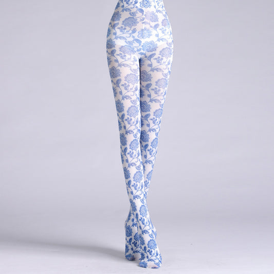 Blue and White Porcelain Tights with high elasticity and compression,shaping fit and ideal for weddings, parties, ethnic outfits, and street fashion