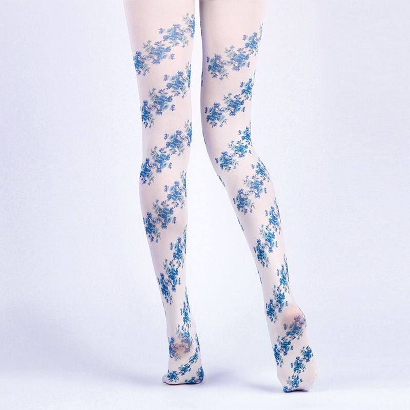 Vintage-Inspired Blue Floral Tights with high elasticity and compression,shaping fit and ideal for weddings, parties, ethnic outfits, and street fashion