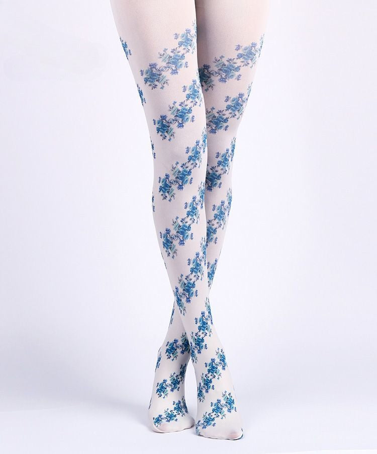 Vintage-Inspired Blue Floral Tights with high elasticity and compression,shaping fit and ideal for weddings, parties, ethnic outfits, and street fashion