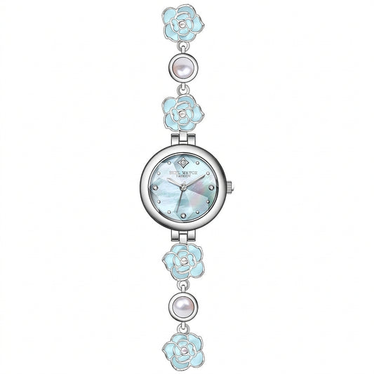 Silver camellia bracelet watch with blue flowers and a blue dial
