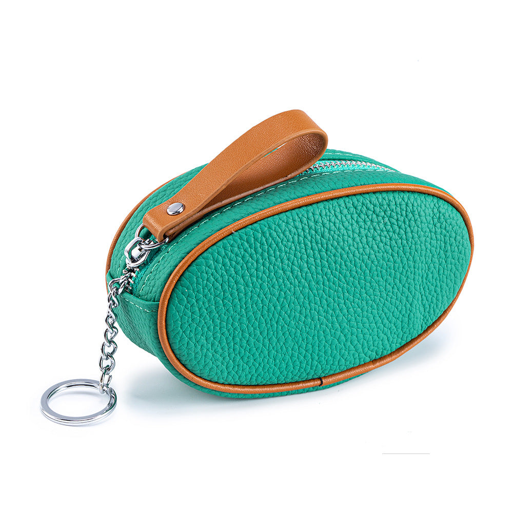 Colour-Contrast Leather Keychain Wallet – Mini Cowhide Coin & Card Bag