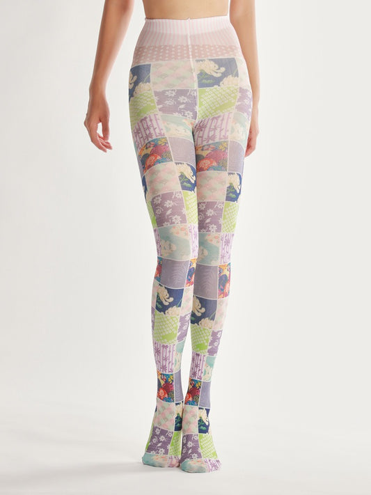 Vintage Floral Patchwork Art Women Tights with high elasticity and compression,shaping fit and ideal for weddings, parties, ethnic outfits, and street fashion