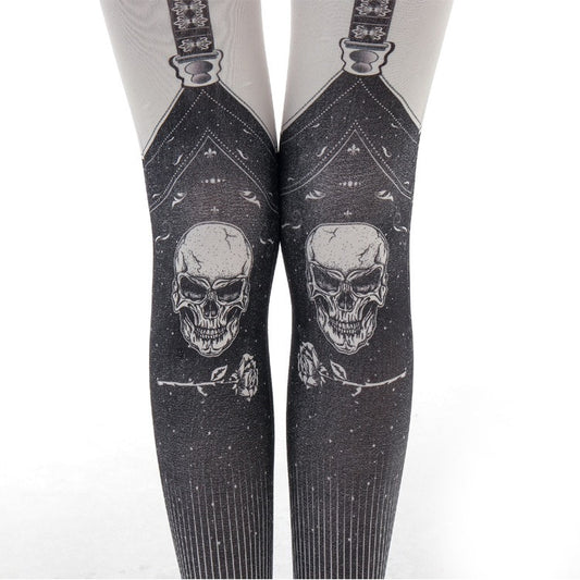 Gothic Skull Suspenders Print Tights