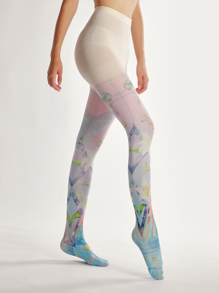 Blue Lolita Floral Tights with high elasticity and shaping fit, suitable for events, cosplay, street style, and gifting girls at Christmas