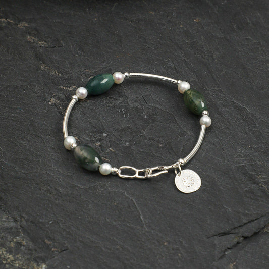 Moss Agate Pearl Silver Bracelet