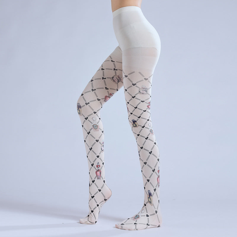 Rhombus Grid Pattern Printed Pantyhose-Grainvity