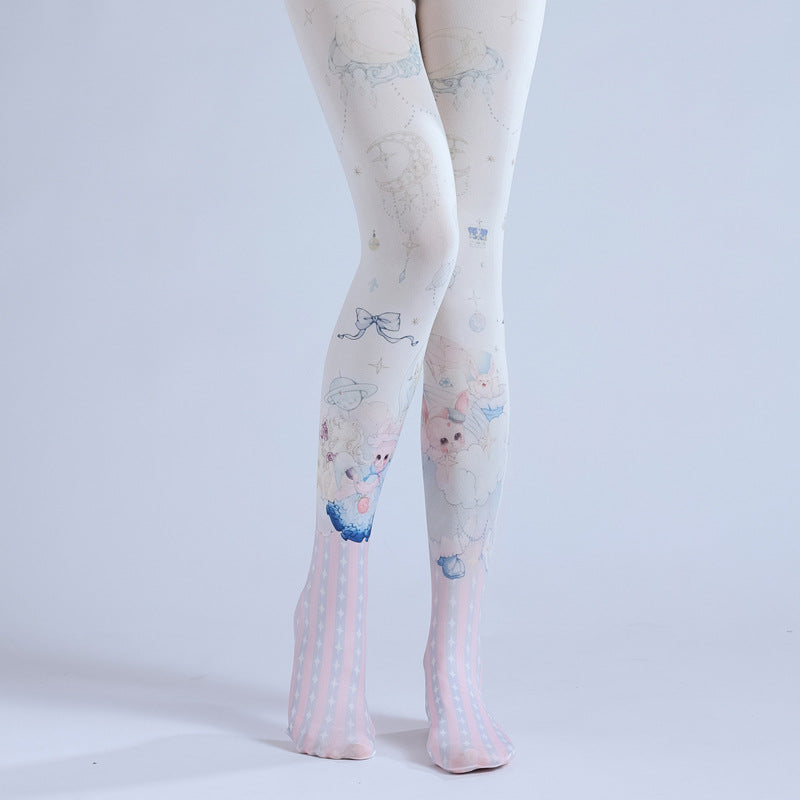 Japanese Lolita Women Tights Moon Print-Grainvity