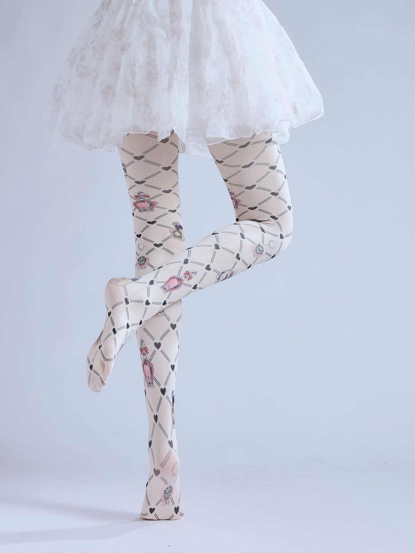 Rhombus Grid Pattern Printed Pantyhose-Grainvity