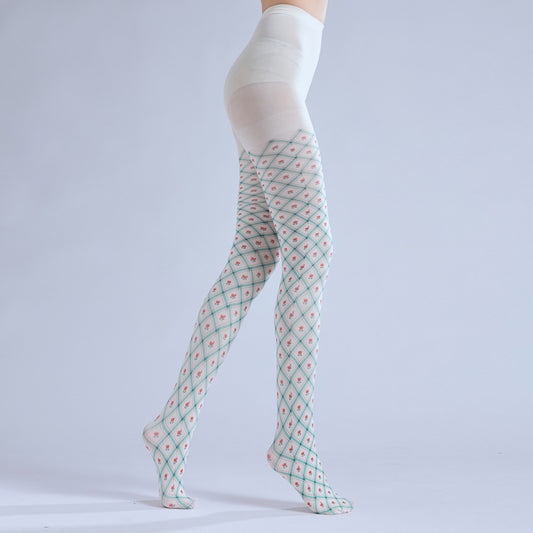 Checkered Floral pantyhose with high elasticity and shaping fit, suitable for events, cosplay, street style, and gifting girls at Christmas