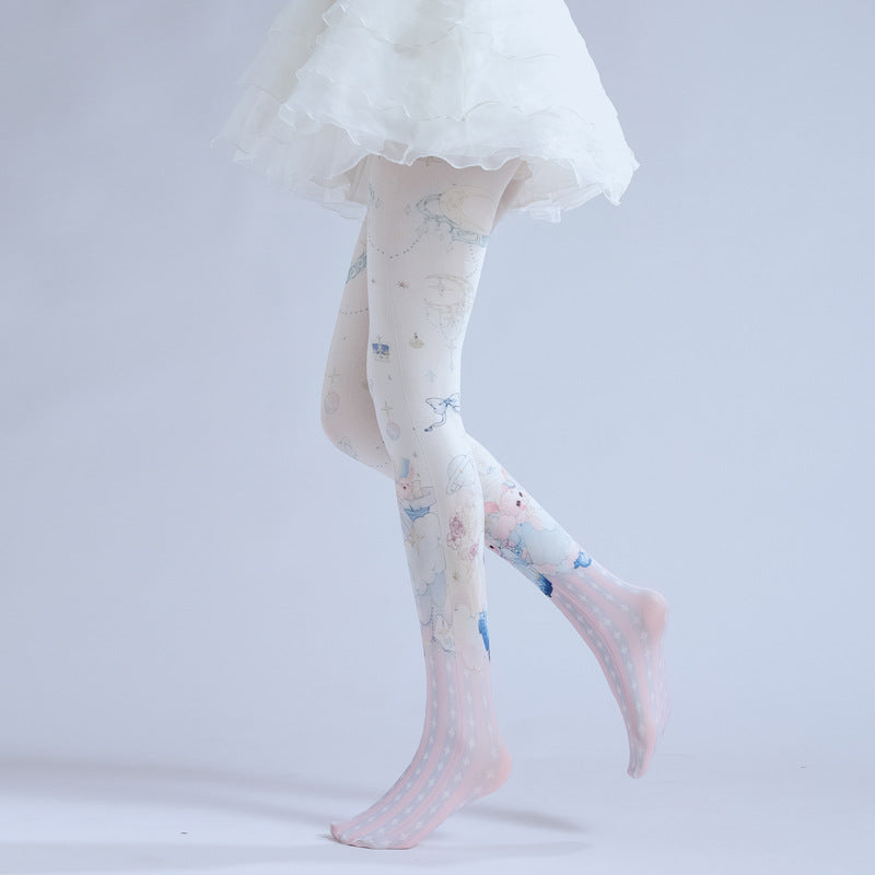 Japanese Lolita Women Tights Moon Print-Grainvity