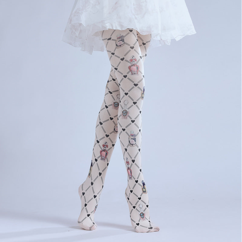 Rhombus Grid Pattern Printed Pantyhose-Grainvity