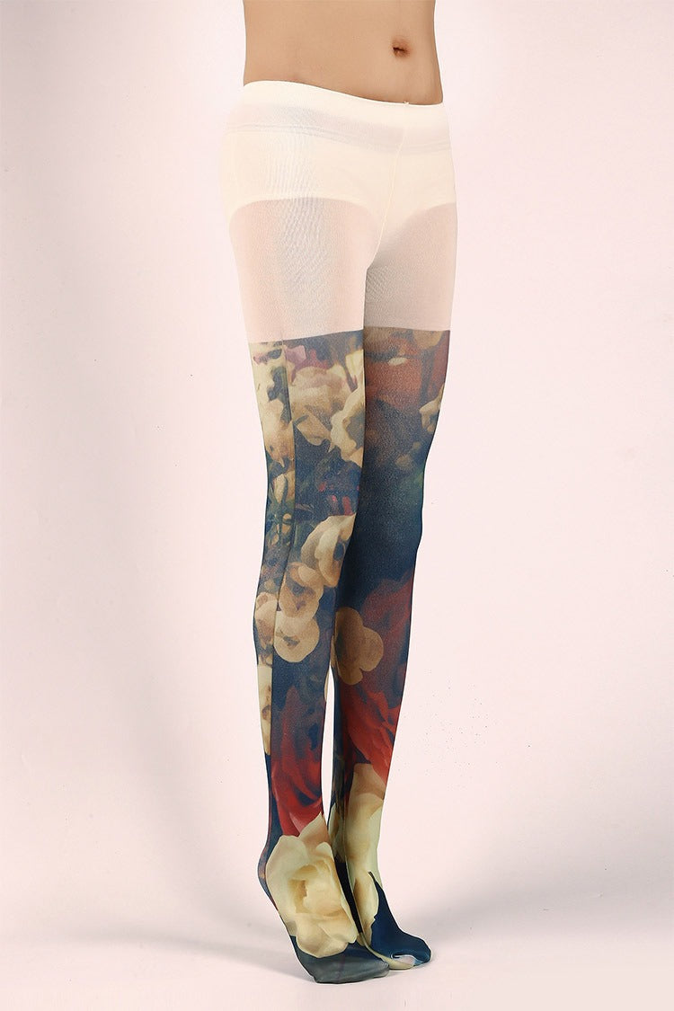 Oil Painting Floarl Tights with high elasticity and compression,shaping fit and ideal for weddings, parties, ethnic outfits, and street fashion