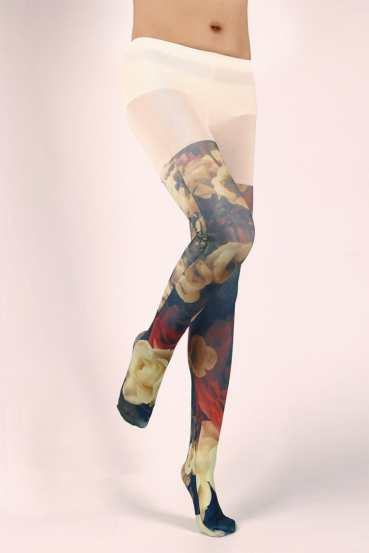 Oil Painting Floarl Tights with high elasticity and compression,shaping fit and ideal for weddings, parties, ethnic outfits, and street fashion