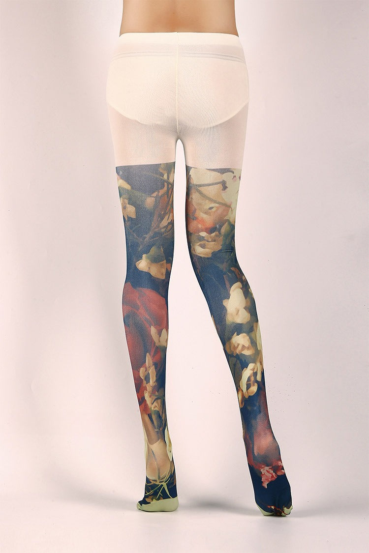 Oil Painting Floarl Tights with high elasticity and compression,shaping fit and ideal for weddings, parties, ethnic outfits, and street fashion