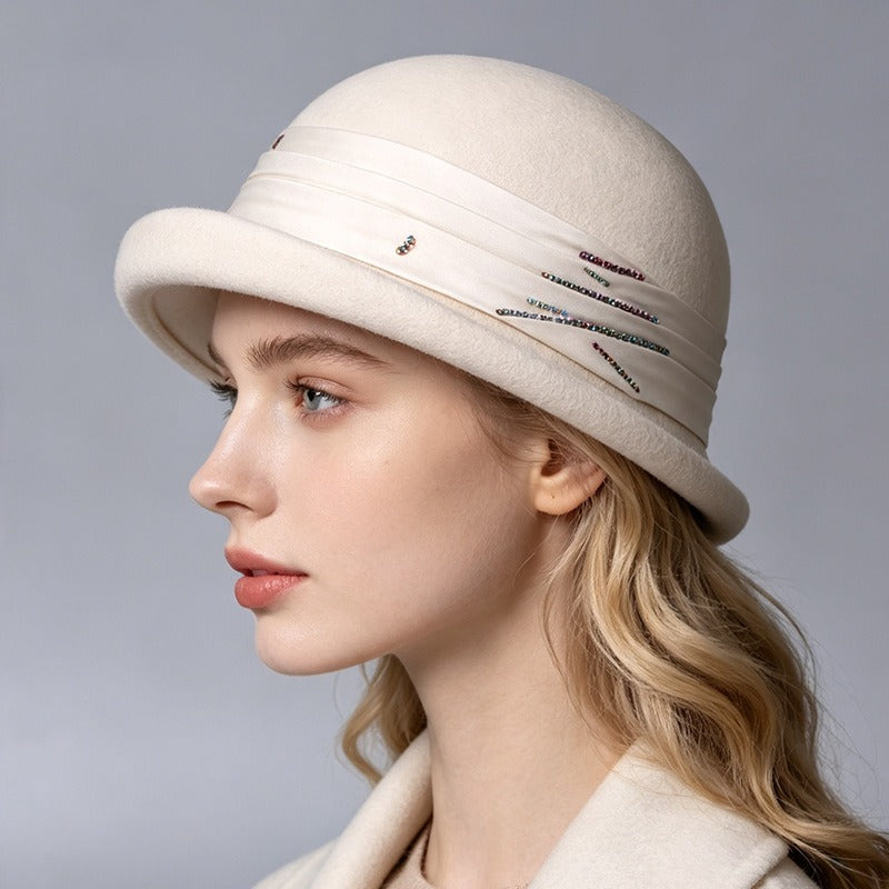 Wool Women Bowler Hat With Silver Ribbon-Grainvity