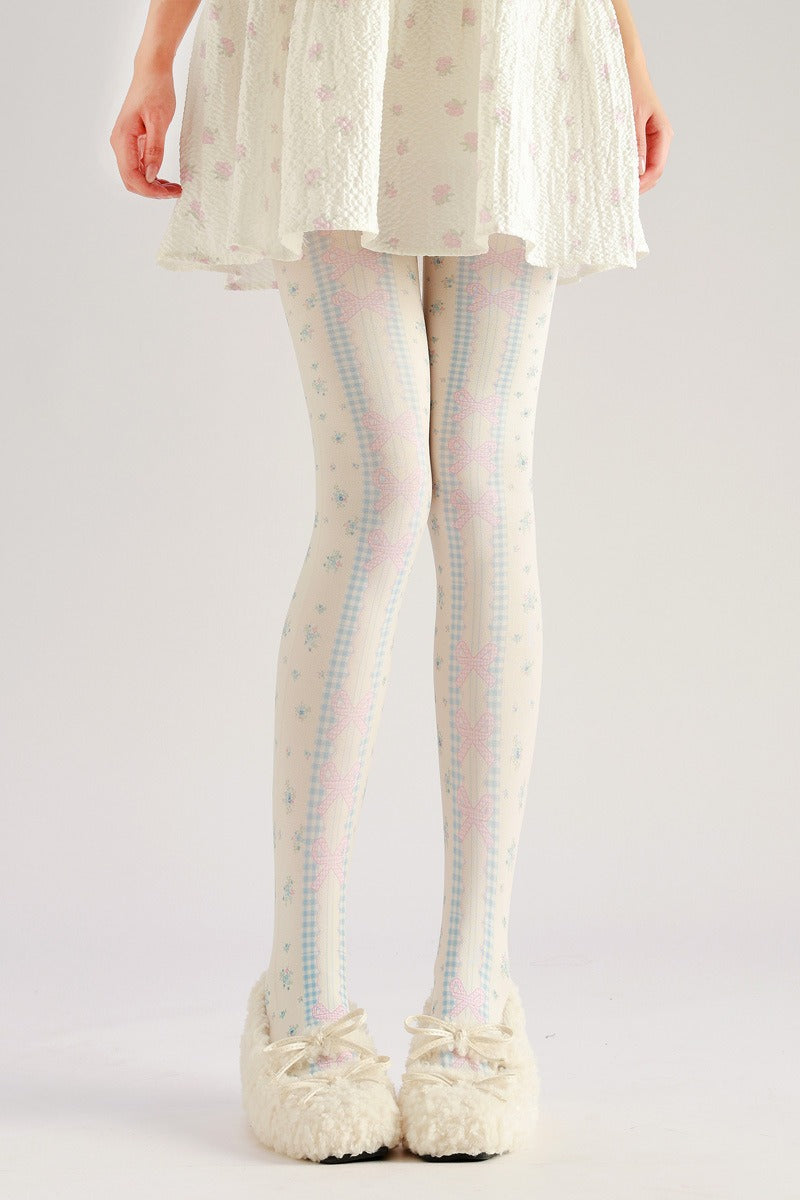 Lolita Floral Bow Tights with high elasticity and shaping fit, suitable for events, cosplay, street style, and gifting girls at Christmas