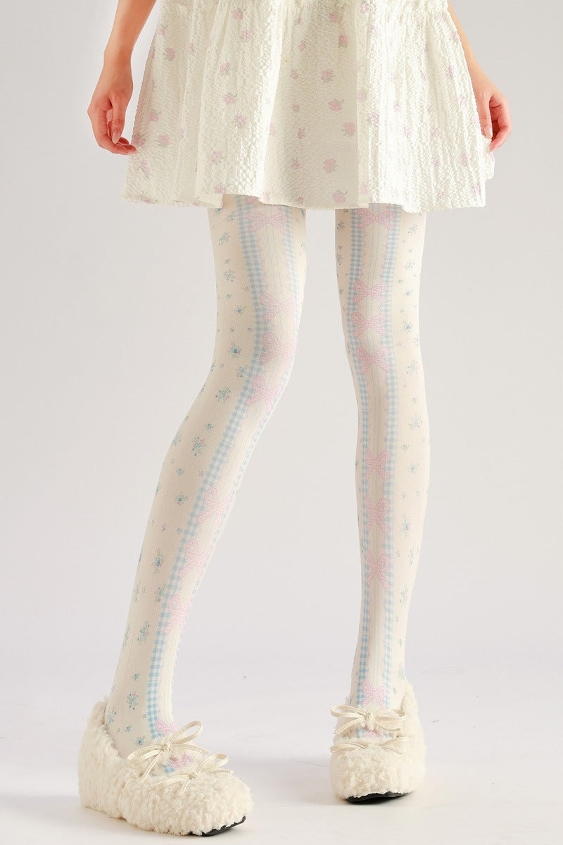 Lolita Floral Bow Tights with high elasticity and shaping fit, suitable for events, cosplay, street style, and gifting girls at Christmas