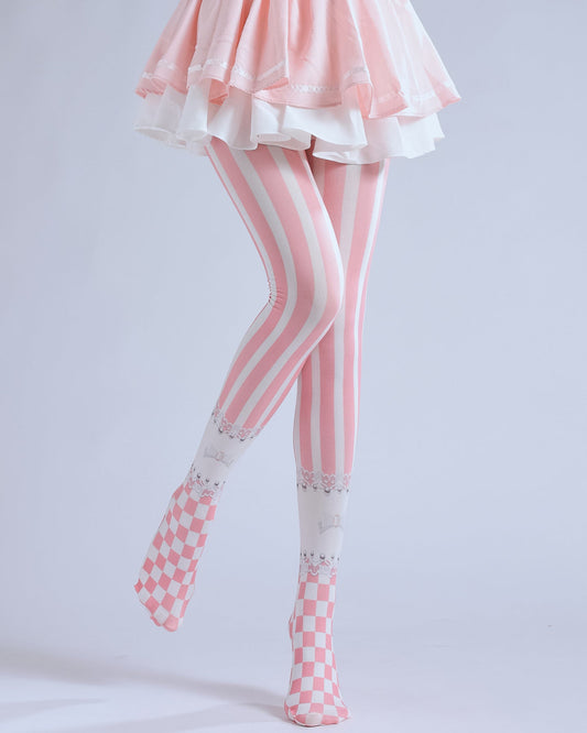 Pink Striped Lolita Tights with high elasticity and shaping fit, suitable for events, cosplay, street style, and gifting girls at Christmas