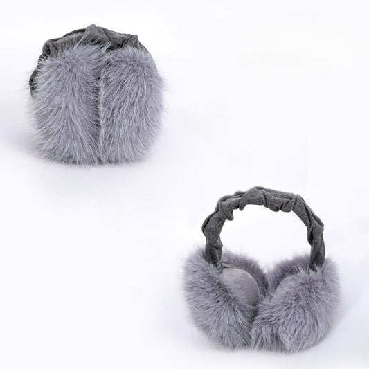 Grey ruched-headband earmuffs shown folded and open