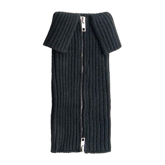 Black side-zip leg warmers with fold-over cuff, front view