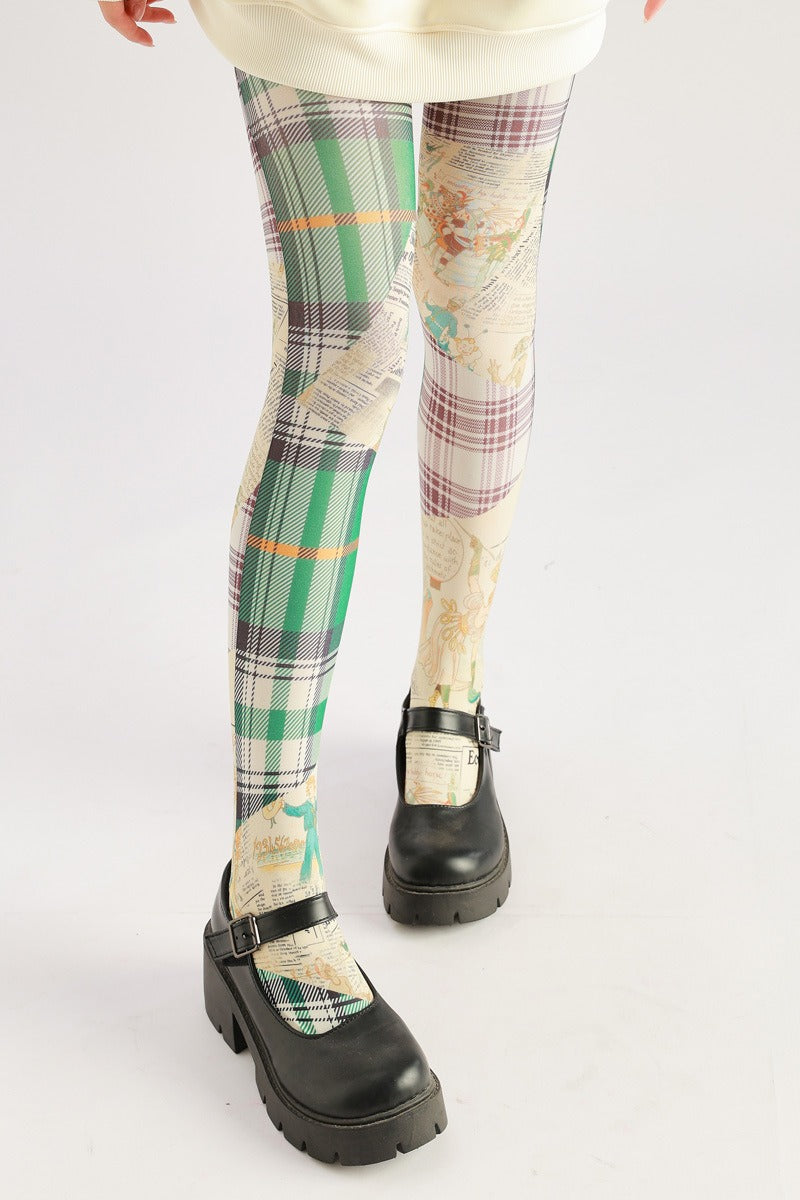 Vintage Plaid Cartoon Women Tights Women's Fancy Dress Costume Accessories, Perfect for Parties, Office, Street Fashion, and Daily Wear