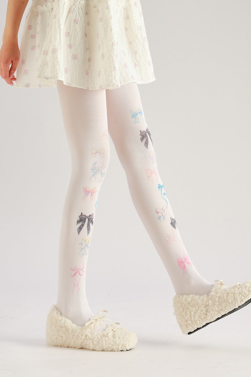 White Bow Tights with high elasticity and shaping fit, suitable for events, cosplay, street style, and gifting girls at Christmas