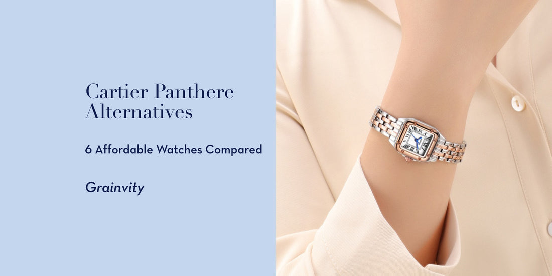 Blog cover: Cartier Panthère Alternatives, with a silver square watch on a link bracelet
