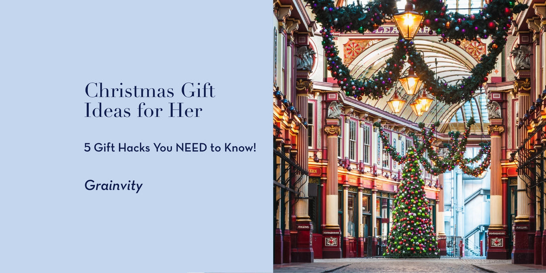 Blog cover: Christmas Gift Ideas for Her, with a festive arcade decorated with garlands and a Christmas tree