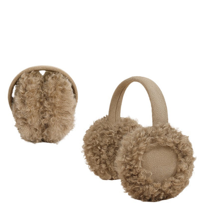 Khaki teddy plush earmuffs shown folded and open