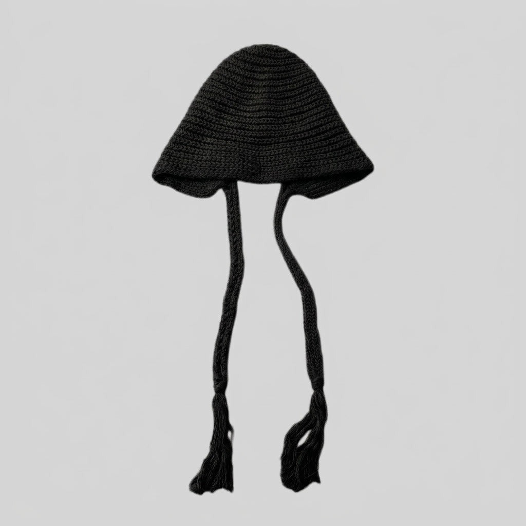 Black bell-shaped knitted hat with long tasselled ties