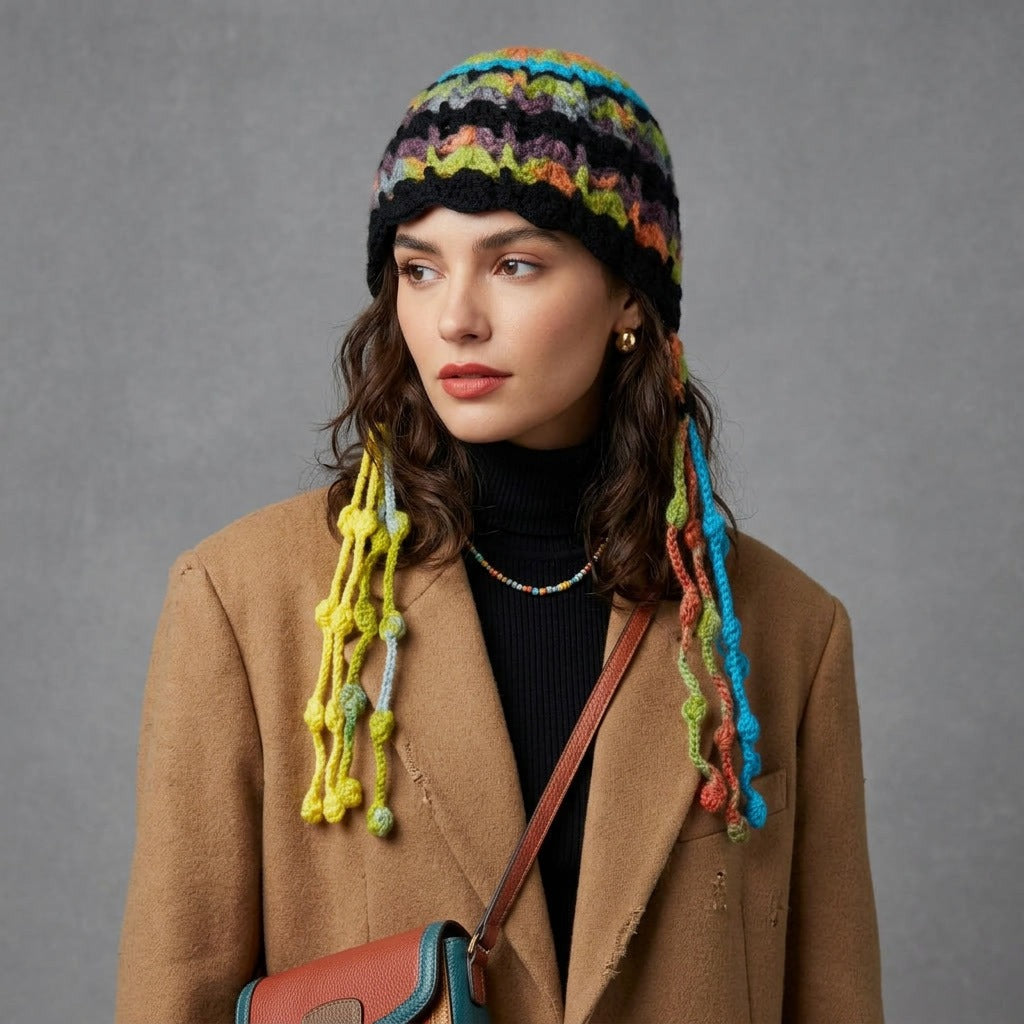 Woman in a camel coat wearing the black multicolour striped beanie with dangling bobble strands