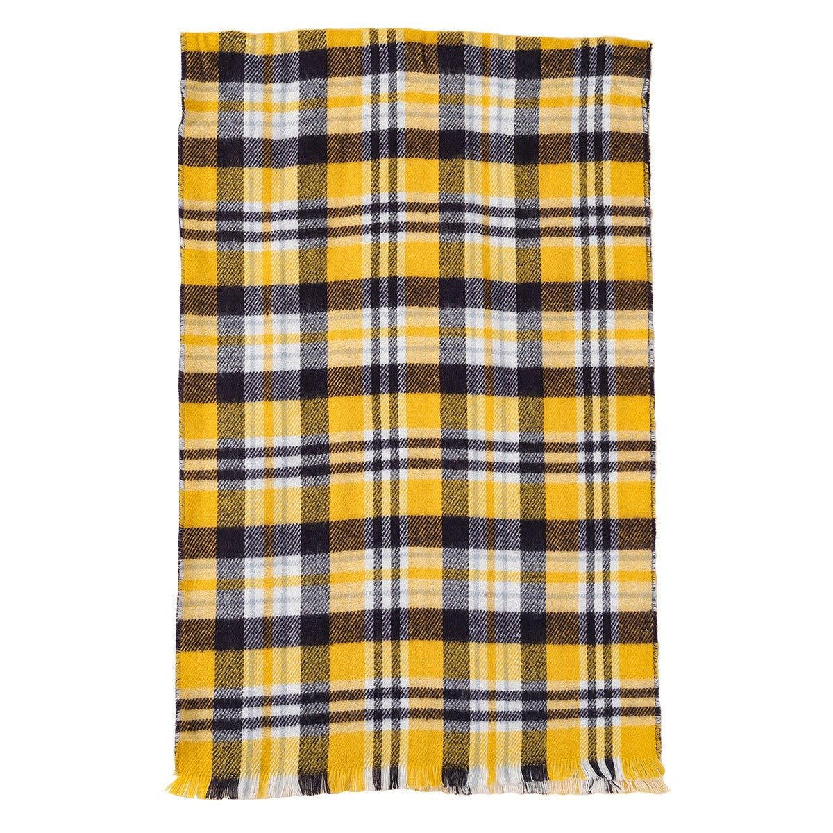 Yellow and navy plaid scarf laid flat with fringed ends