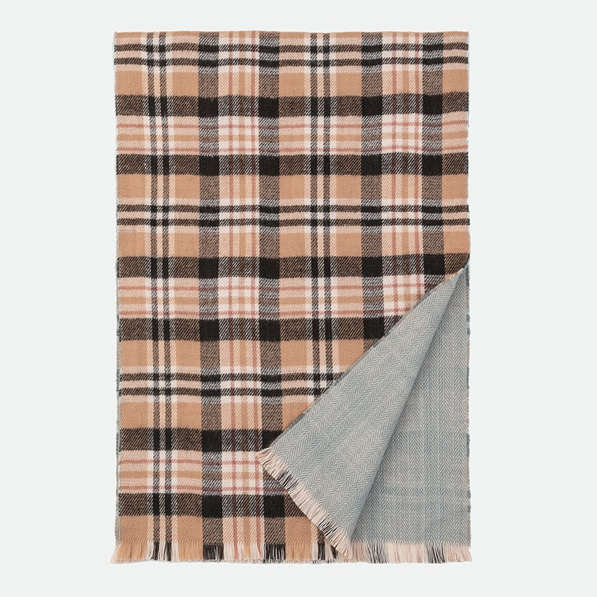 Camel plaid scarf laid flat with a corner folded to show the grey reverse