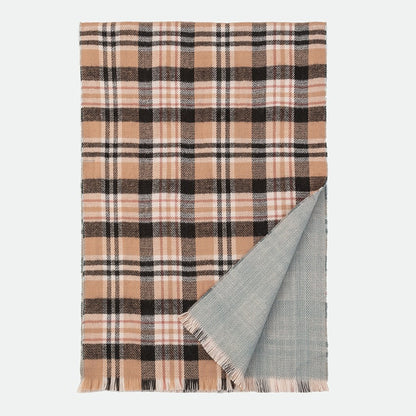 Camel plaid scarf laid flat with a corner folded to show the grey reverse