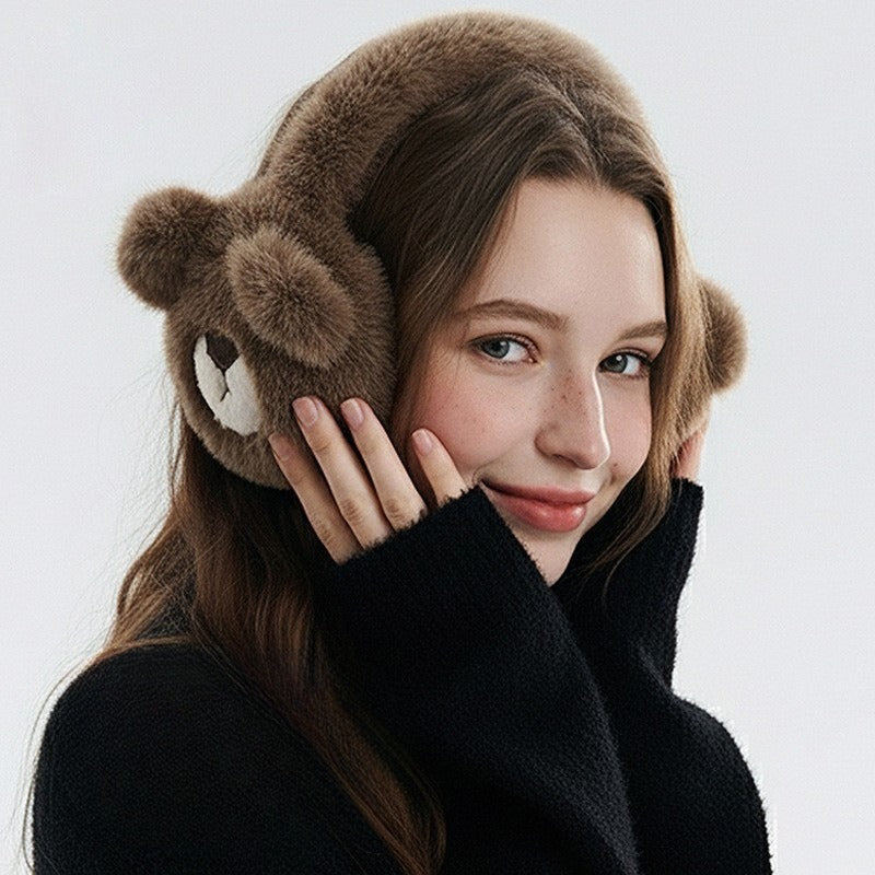 Woman wearing the coffee brown bear earmuffs with round ears