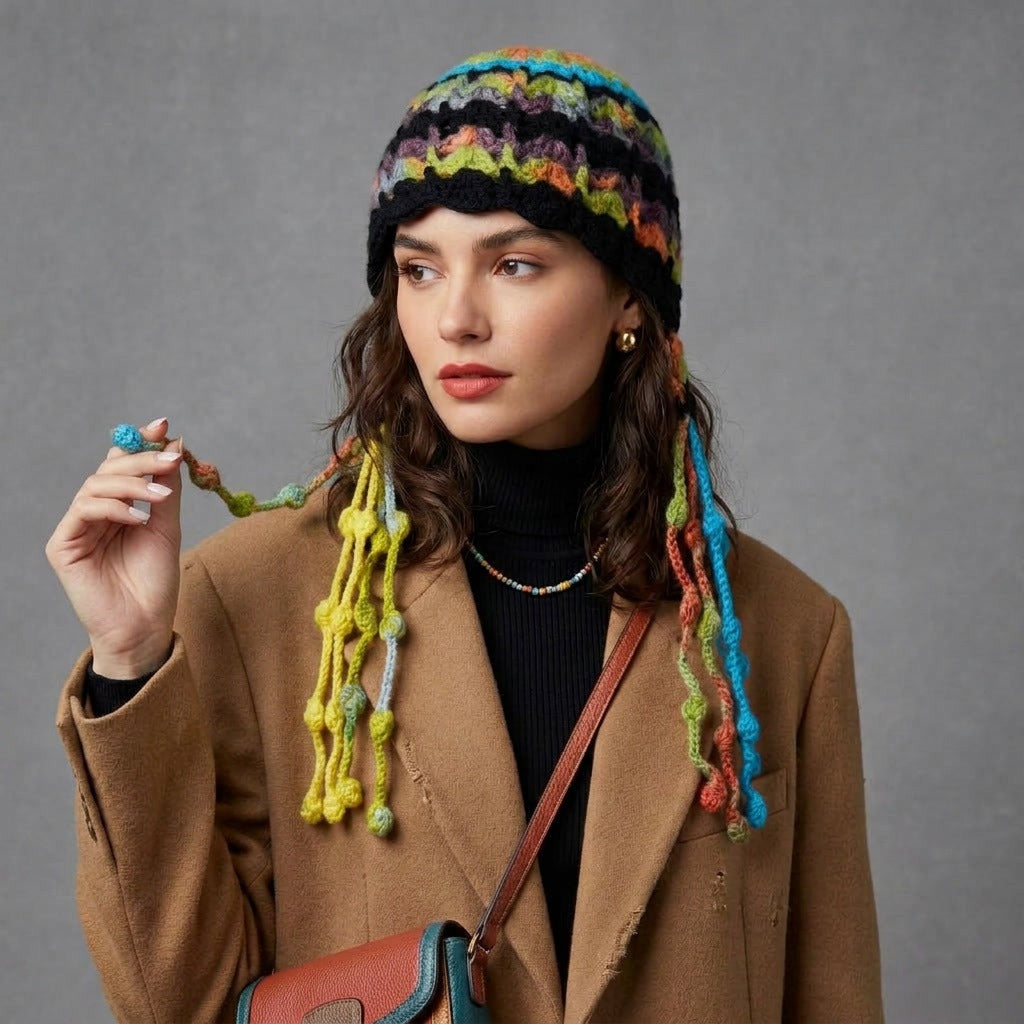 Woman twirling a bobble strand of the black multicolour striped beanie