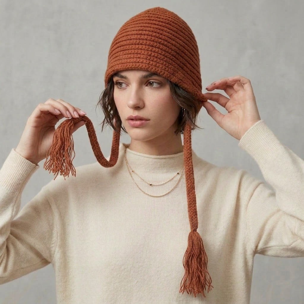 Woman wearing the bronze knitted tie hat with ties draped over her shoulders
