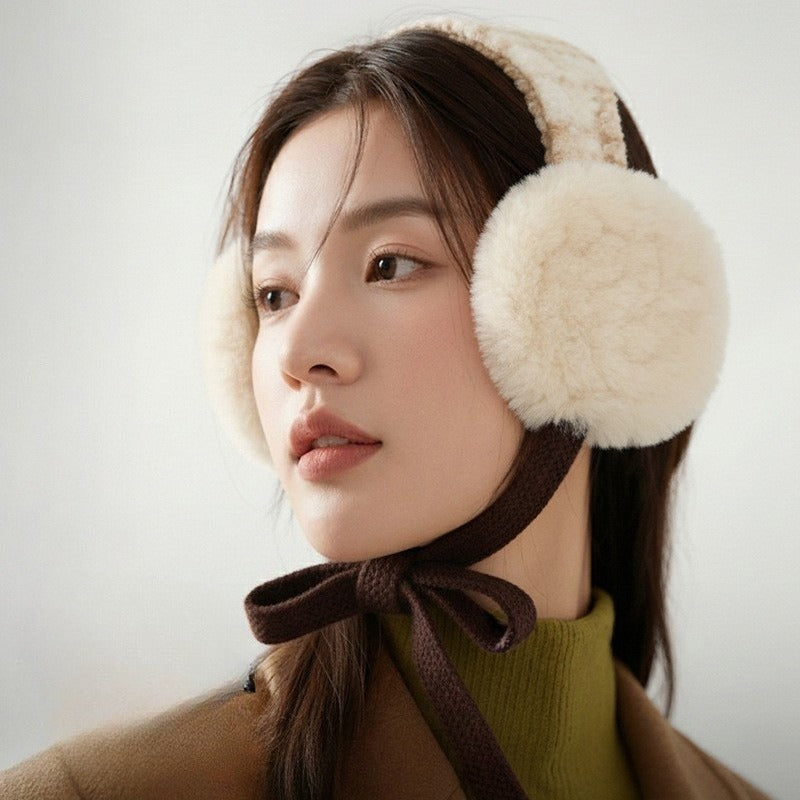 Woman wearing the cream tartan earmuffs tied under the chin with brown ribbon ties