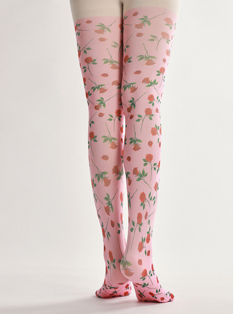 Pink Rose Floral Tights Sweet Style with high elasticity and compression,shaping fit and ideal for weddings, parties, ethnic outfits, and street fashion
