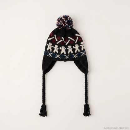 Navy gingerbread man ear-flap hat with burgundy zigzag band, laid flat