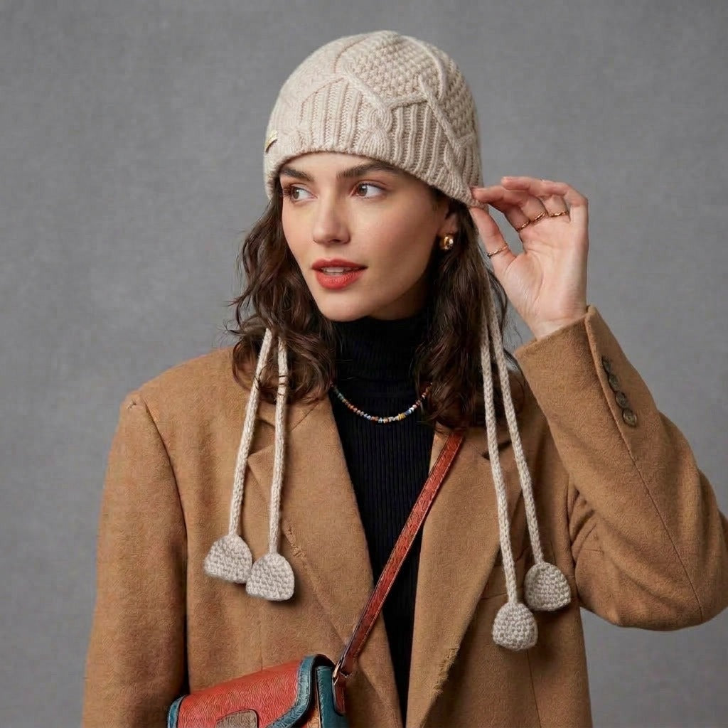 Woman touching the beige jellyfish hat, cords hanging over her coat