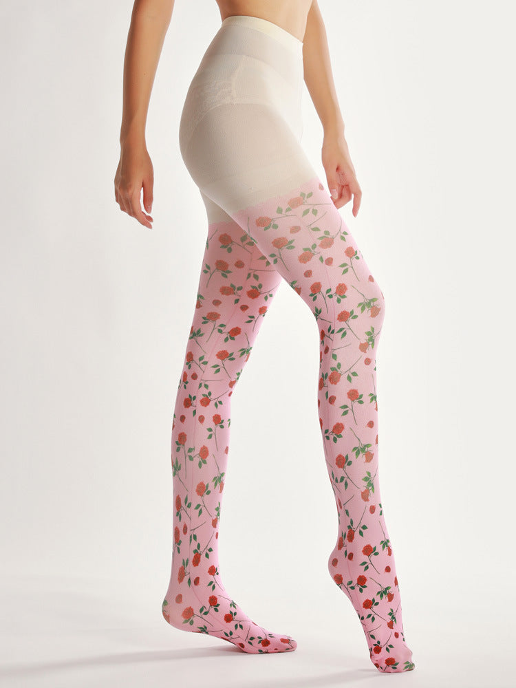 Pink Rose Floral Tights Sweet Style with high elasticity and compression,shaping fit and ideal for weddings, parties, ethnic outfits, and street fashion