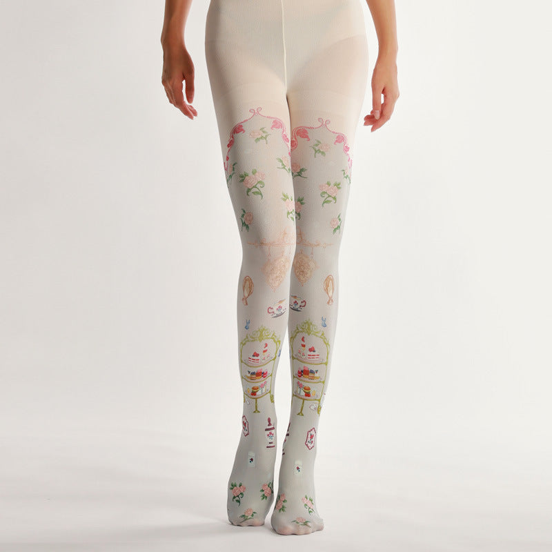 Vintage Cake Pattern Tights with high elasticity and compression,shaping fit and ideal for weddings, parties, ethnic outfits, and street fashion
