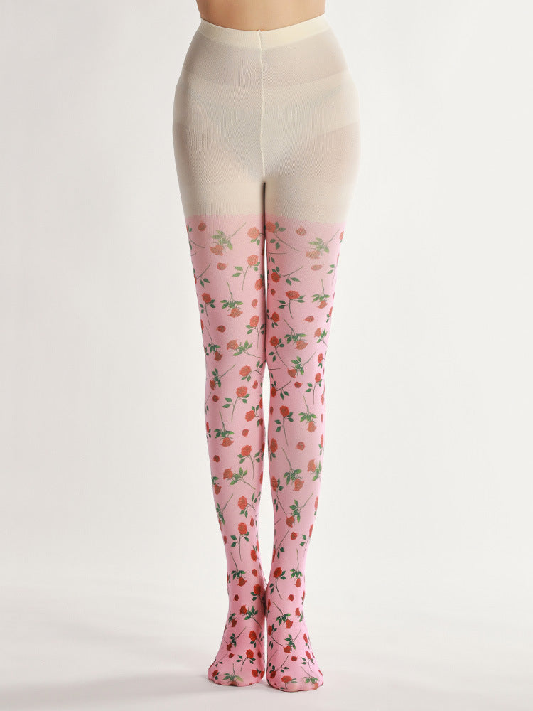 Pink Rose Floral Tights Sweet Style with high elasticity and compression,shaping fit and ideal for weddings, parties, ethnic outfits, and street fashion