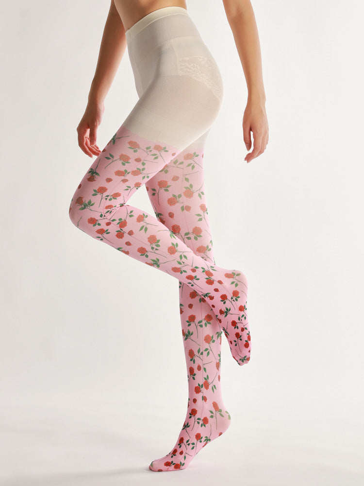 Pink Rose Floral Tights Sweet Style with high elasticity and compression,shaping fit and ideal for weddings, parties, ethnic outfits, and street fashion